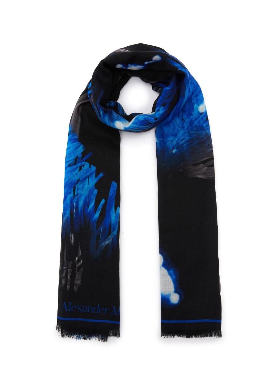 Women ALEXANDER MCQUEEN Scarves & Wraps | Skeleton Motif Jacquard Fringed Wool Scarf