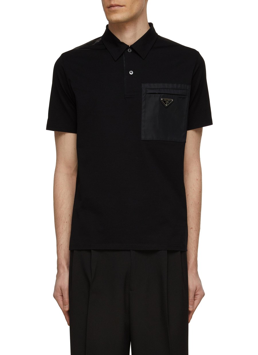 Men PRADA Polos | Logo Applique Re-Nylon Pocket Short Sleeve Polo Shirt