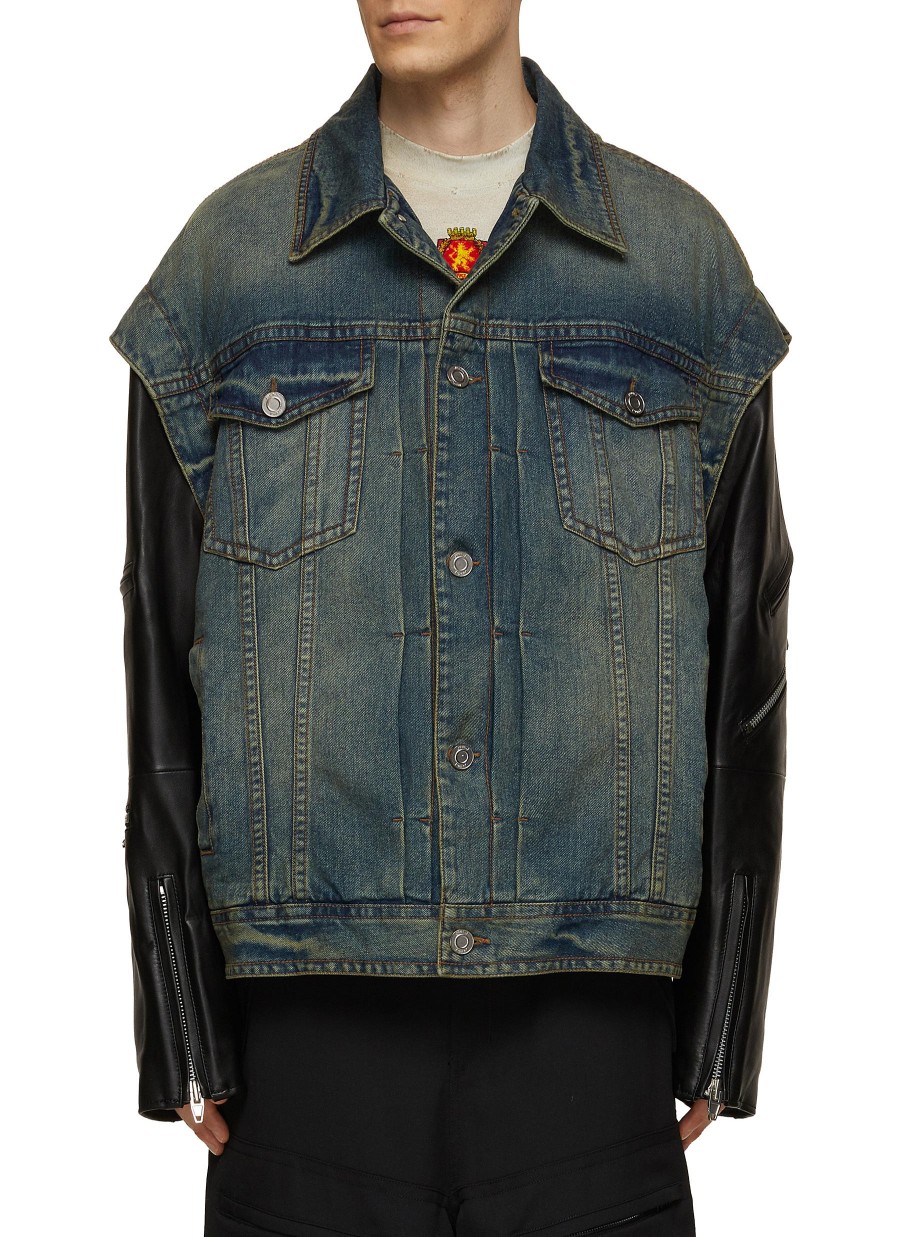 Men JUUN.J Jackets | Leather Sleeve Denim Trucker Jacket