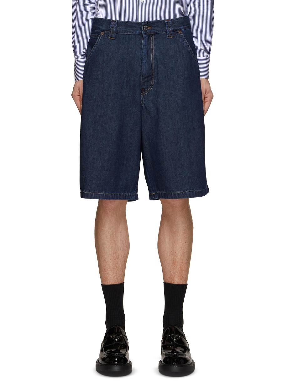 Men PRADA Pants | Metal Logo Back Denim Shorts