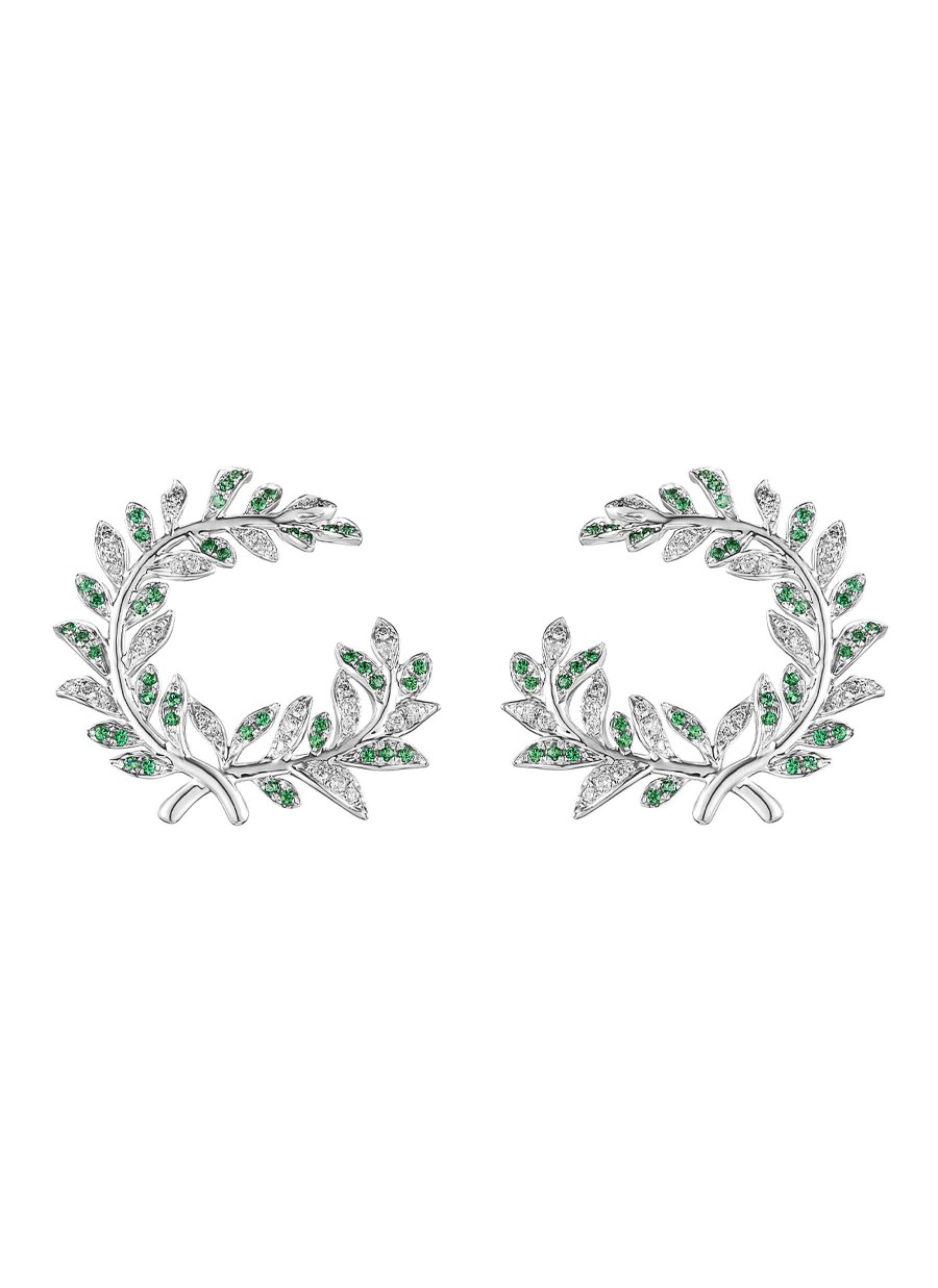 Women LC COLLECTION JEWELLERY Fine Jewellery | Neo-Romantic Mistletoe Leaf 18K White Gold Diamond Tsavorite Earrings