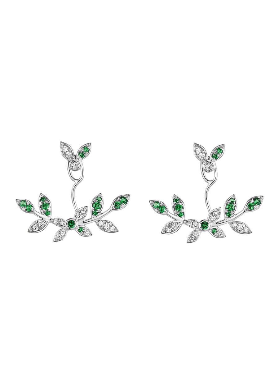 Women LC COLLECTION JEWELLERY Fine Jewellery | Neo-Romantic Mistletoe Leaf 18K White Gold Diamond Tsavorite Earrings