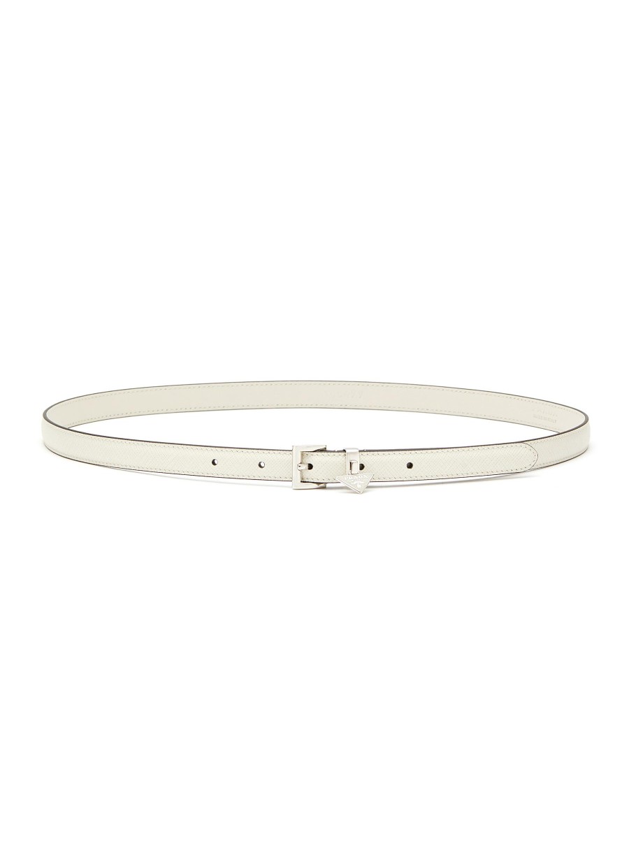 Women PRADA Belts | Metal Triangle Logo Charm Saffiano Leather Belt