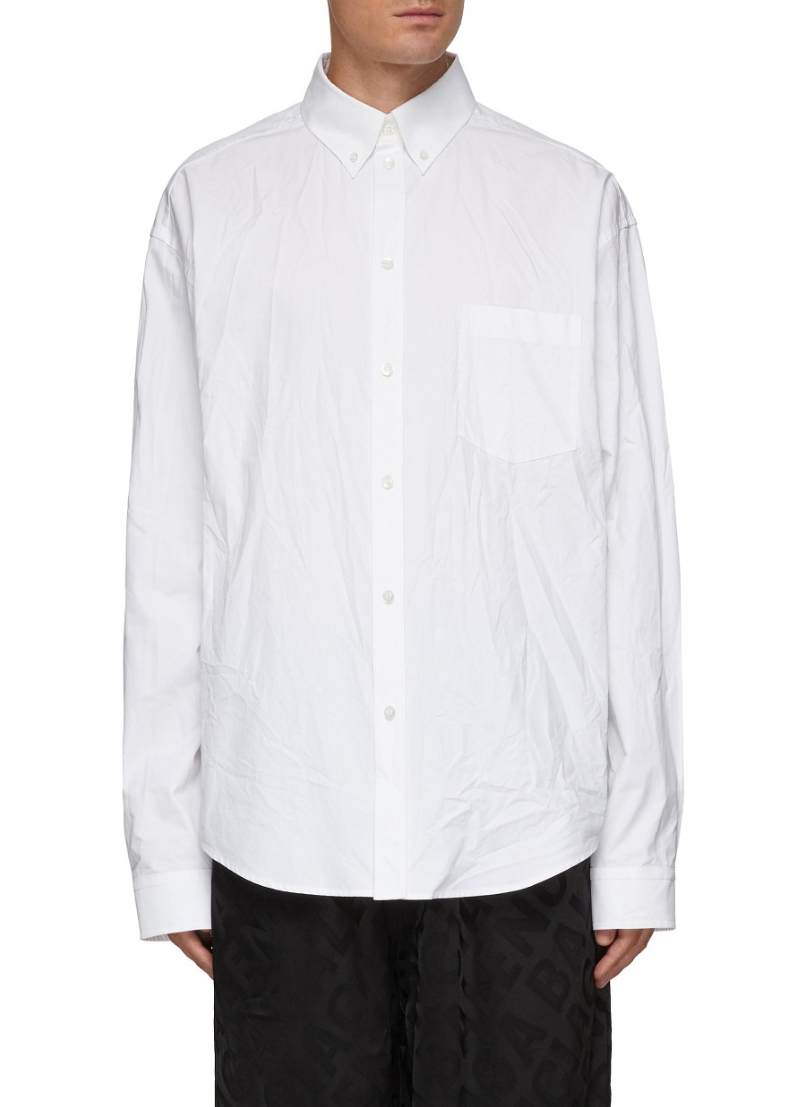 Men BALENCIAGA Shirts | Classic Logo Print Cotton Poplin Button Down Shirt