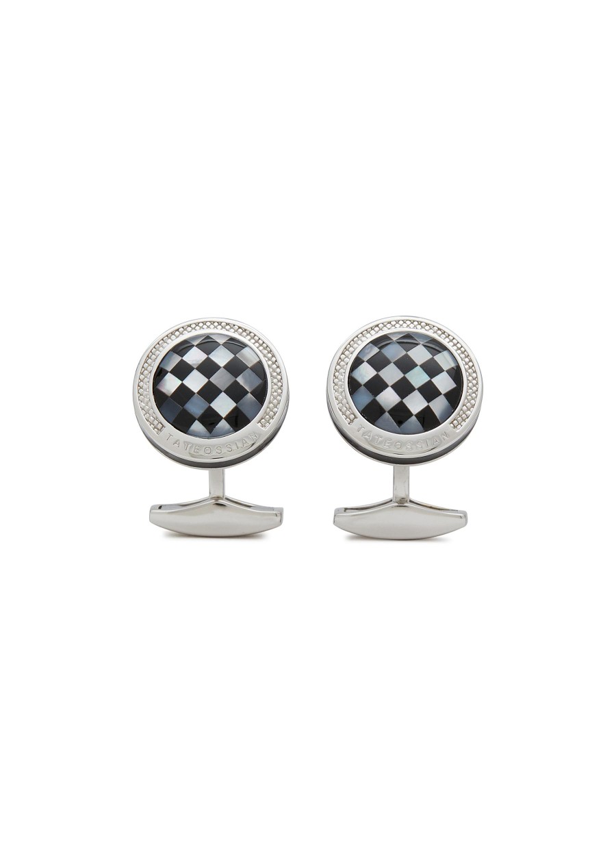 Men TATEOSSIAN Cufflinks | Checkerboard Rodium Plated Sterling Silver Onyx Mother Of Pearl Round Cufflinks