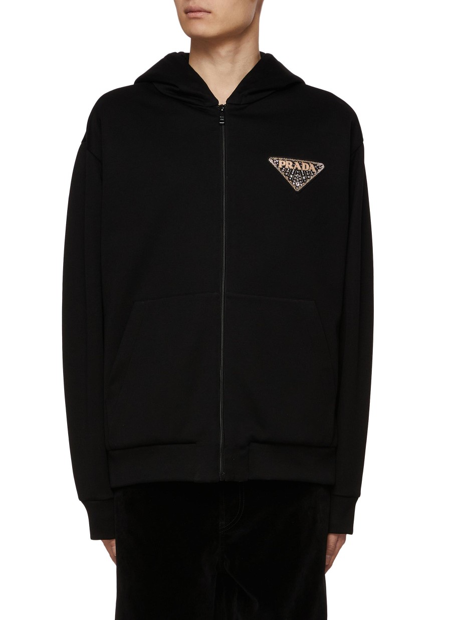 Men PRADA Pullovers & Hoodies | Stone Embellished Triangular Logo Zip Up Hoodie