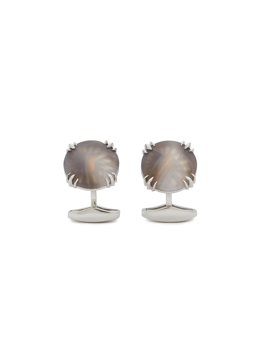 Men TATEOSSIAN Cufflinks | Limited Edition Rhodium Plated Sterling Silver Botswana Agate Claw Setting Round Cufflinks