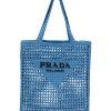 Women PRADA Tote Bags | Triangular Logo Raffia Tote Bag