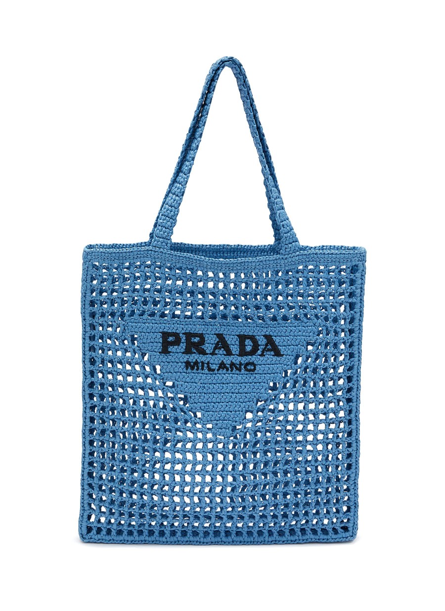 Women PRADA Tote Bags | Triangular Logo Raffia Tote Bag