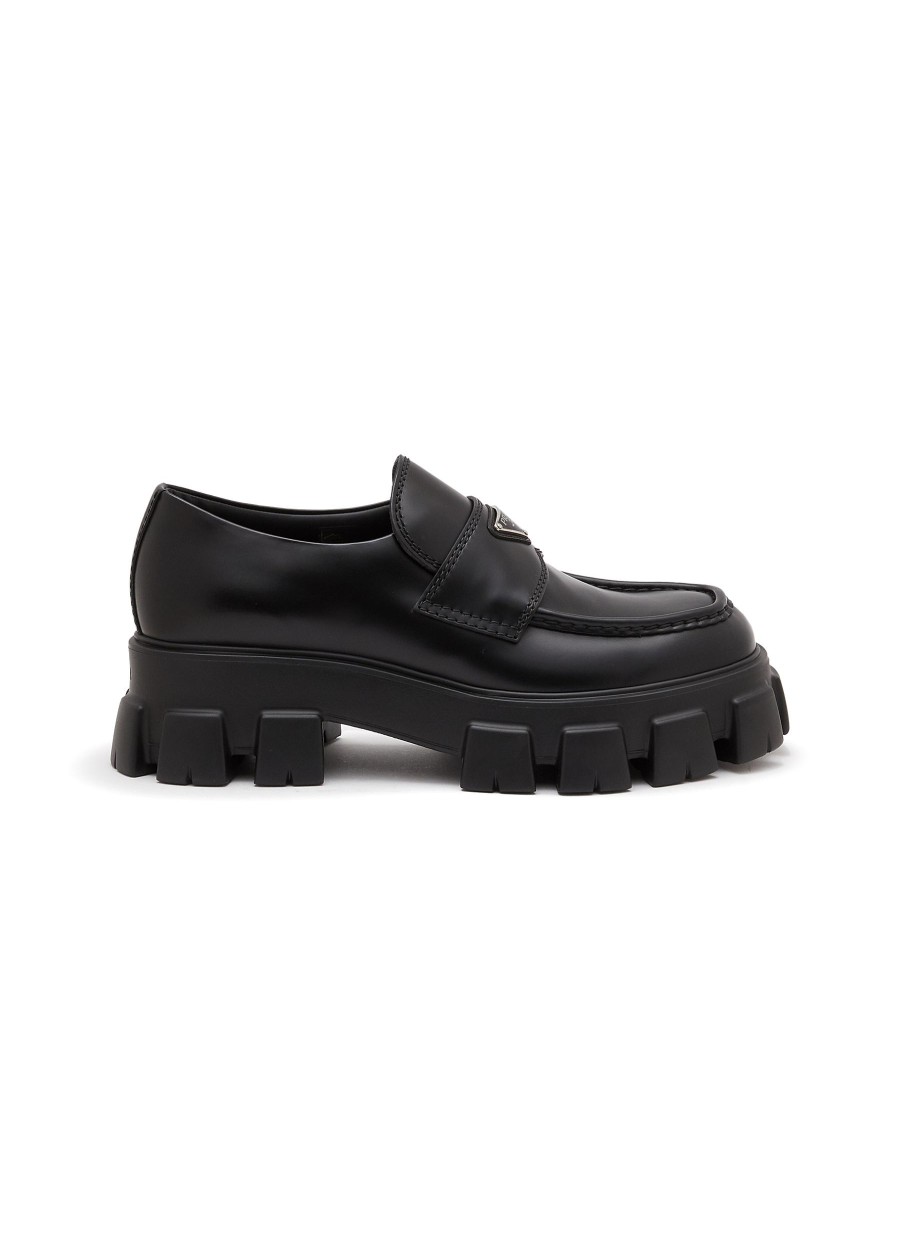 Men PRADA Formal Shoes | Logo Plaque Lug Sole Leather Loafers