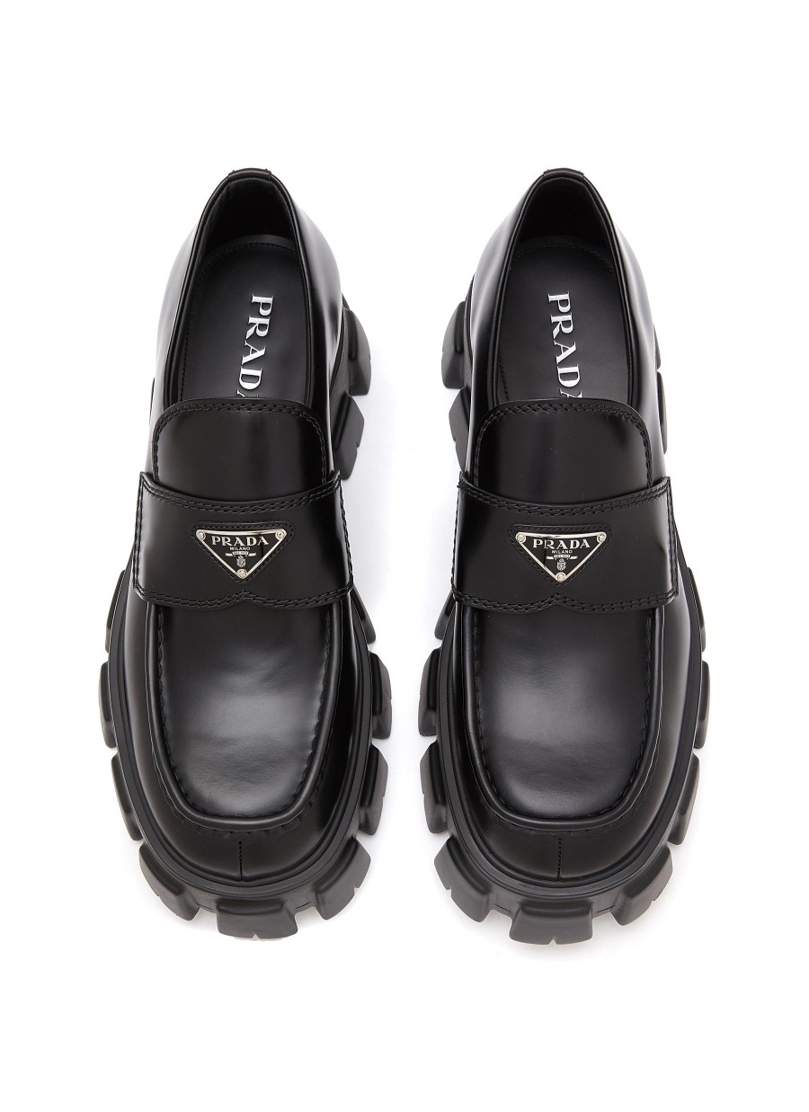 Men PRADA Formal Shoes | Logo Plaque Lug Sole Leather Loafers