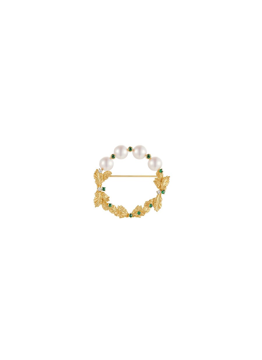 Women LC COLLECTION JEWELLERY Fine Jewellery | Neo Romantic Mistletoe Leaf Diamond Tsavorite Pearl 18K Yellow Gold Brooch