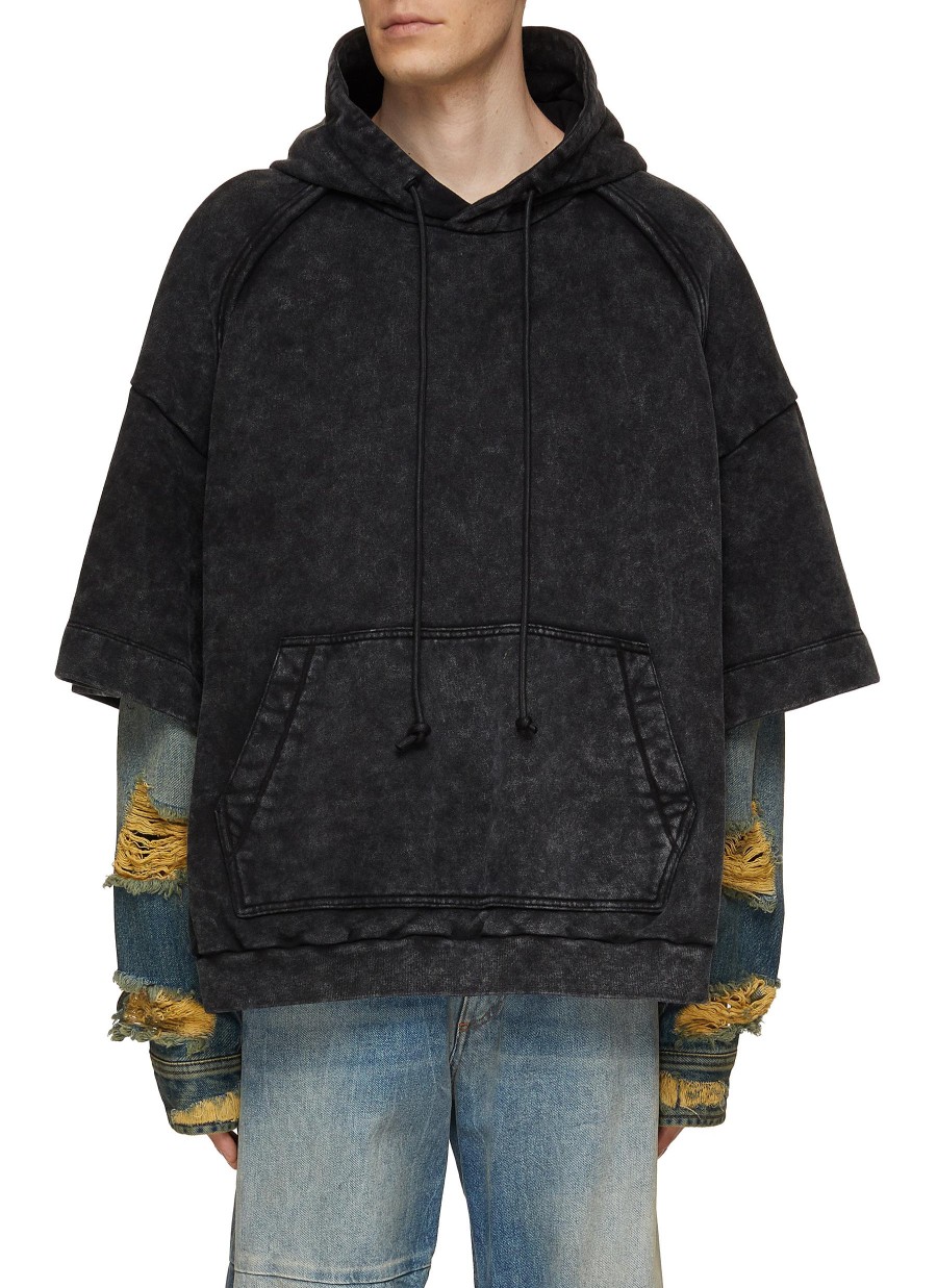 Men JUUN.J Pullovers & Hoodies | Washed Embroidered Hoodie With Layered Denim Sleeves