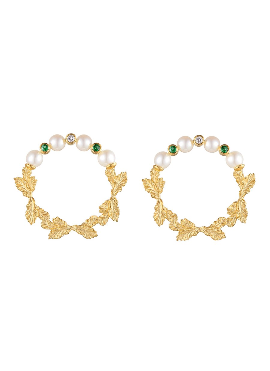 Women LC COLLECTION JEWELLERY Fine Jewellery | Neo Romantic Mistletoe Leaf Diamond Tsavorite Pearl 18K Yellow Gold Earrings