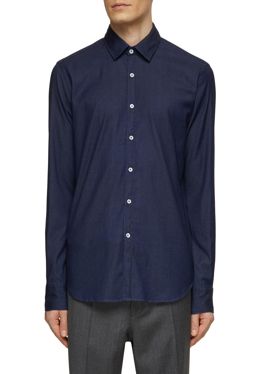 Men CANALI Shirts | Denim Stretch Button Up Shirt