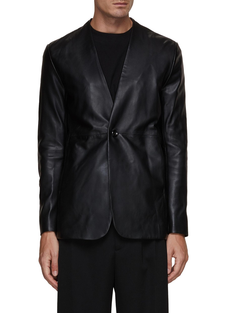 Men ATTACHMENT Jackets | Single Breasted Collarless Leather Blazer