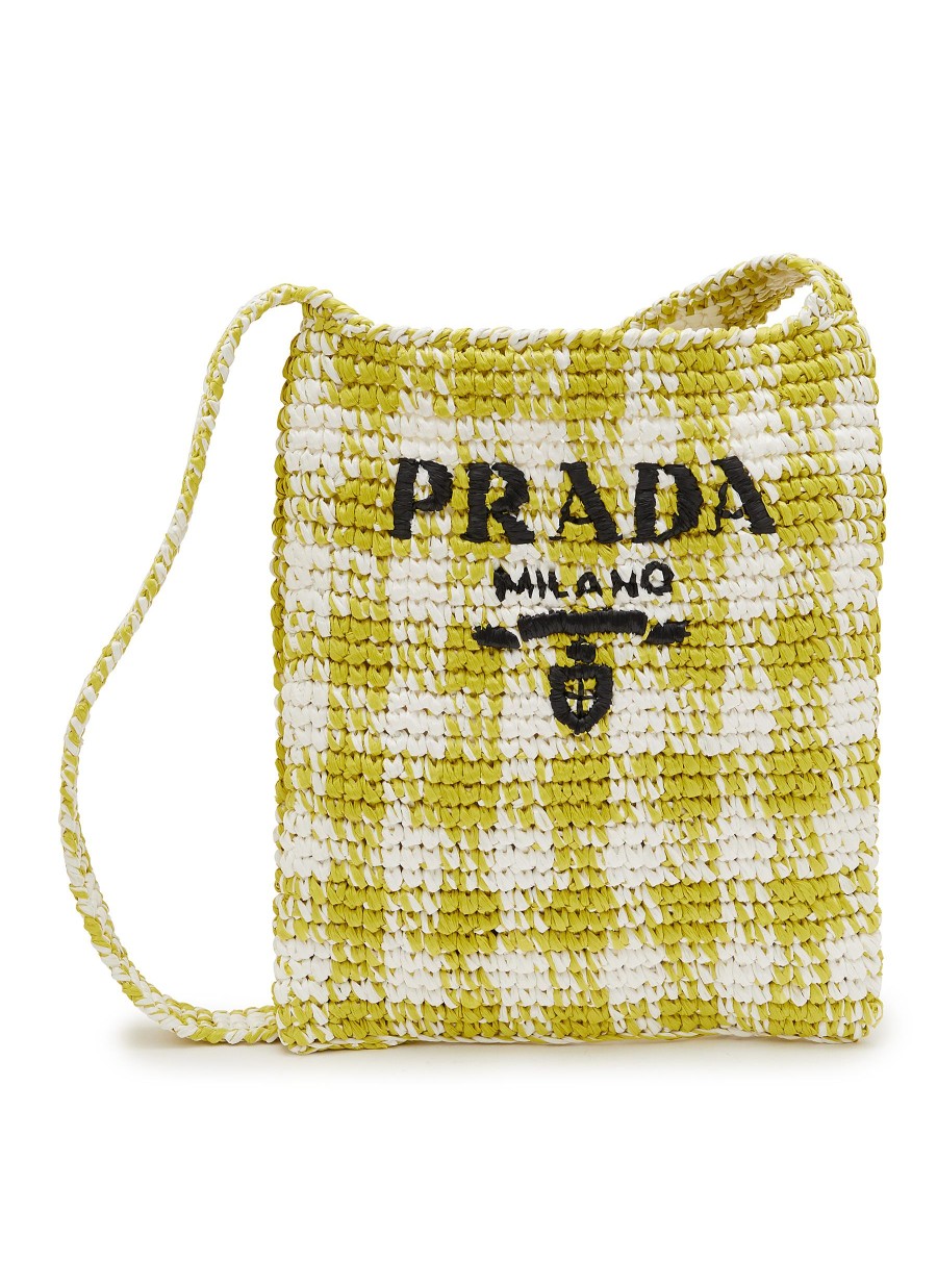 Women PRADA Crossbody | Gingham Logo Raffia Crossbody Bag