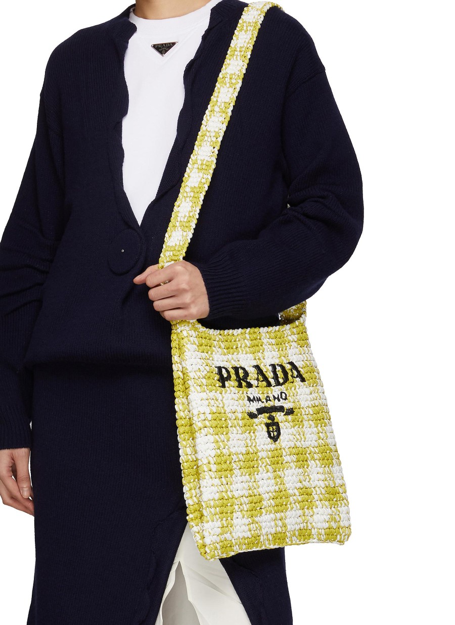 Women PRADA Crossbody | Gingham Logo Raffia Crossbody Bag