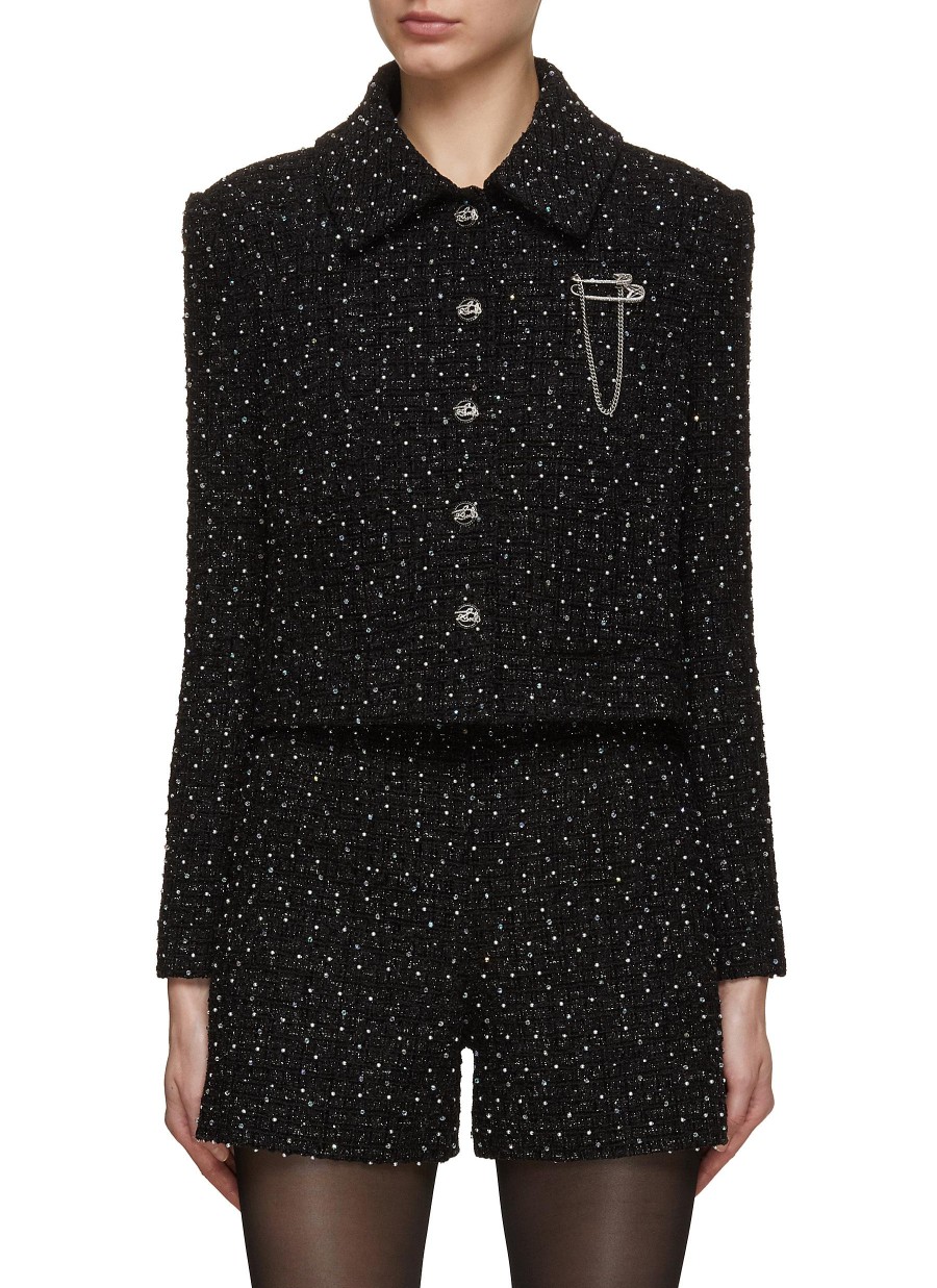 Women SOONIL Jackets | Pearl And Crystal Embellished Cropped Tweed Jacket