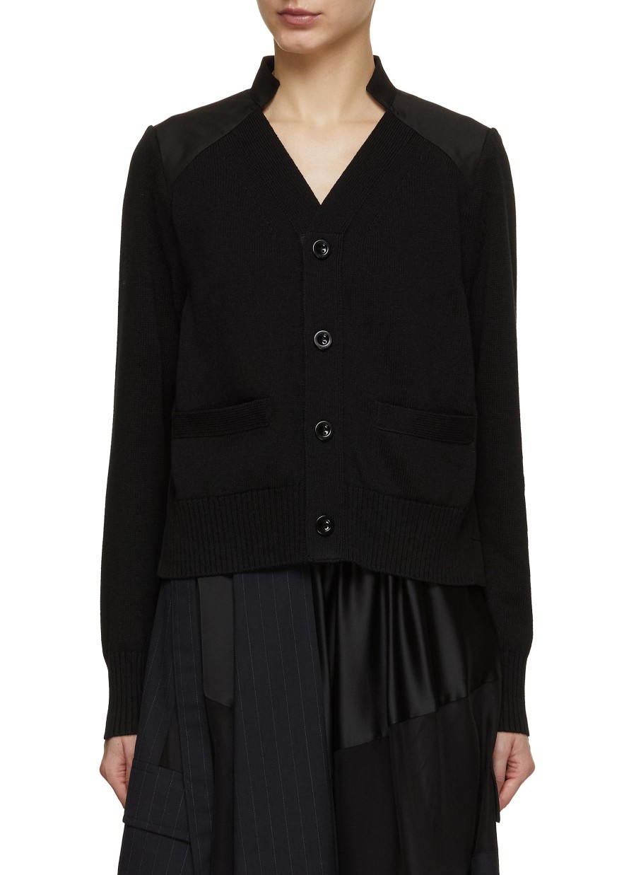 Women SACAI Knitwear | Hybrid Pleated Back Knit Cardigan