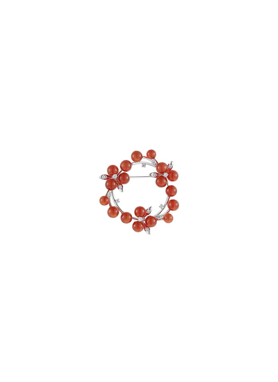 Women LC COLLECTION JEWELLERY Fine Jewellery | Neo-Romantic Christmas Holly 18K White Gold Diamond Carnelian Brooch