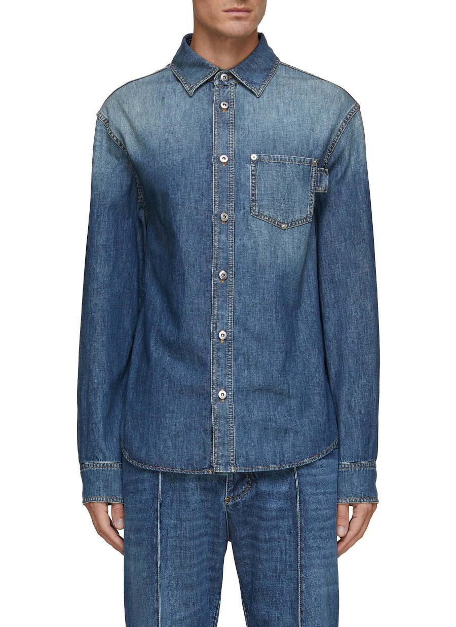 Men BOTTEGA VENETA Shirts | Chest Pocket Detail Medium Wash Denim Shirt