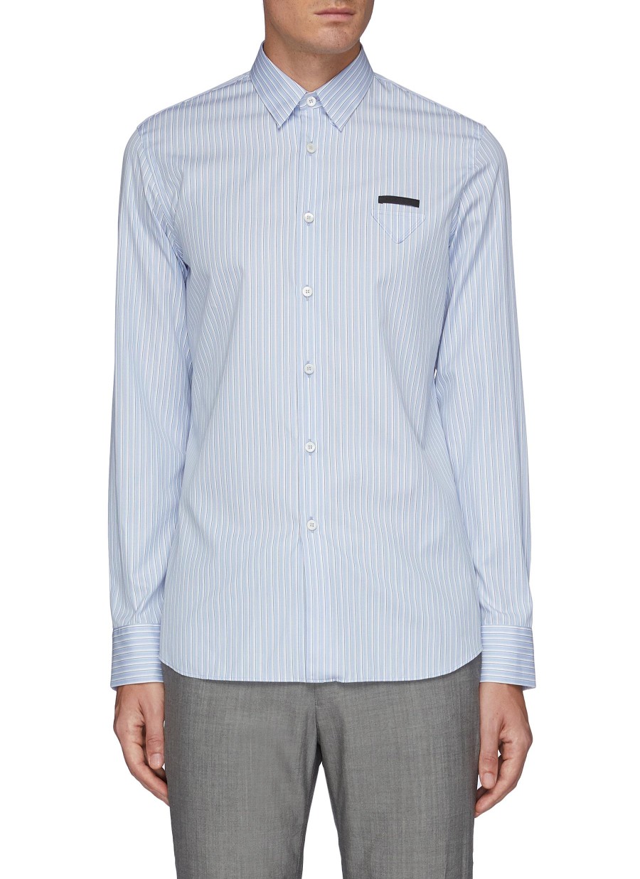 Men PRADA Shirts | Tonal Triangular Patch Striped Cotton Shirt