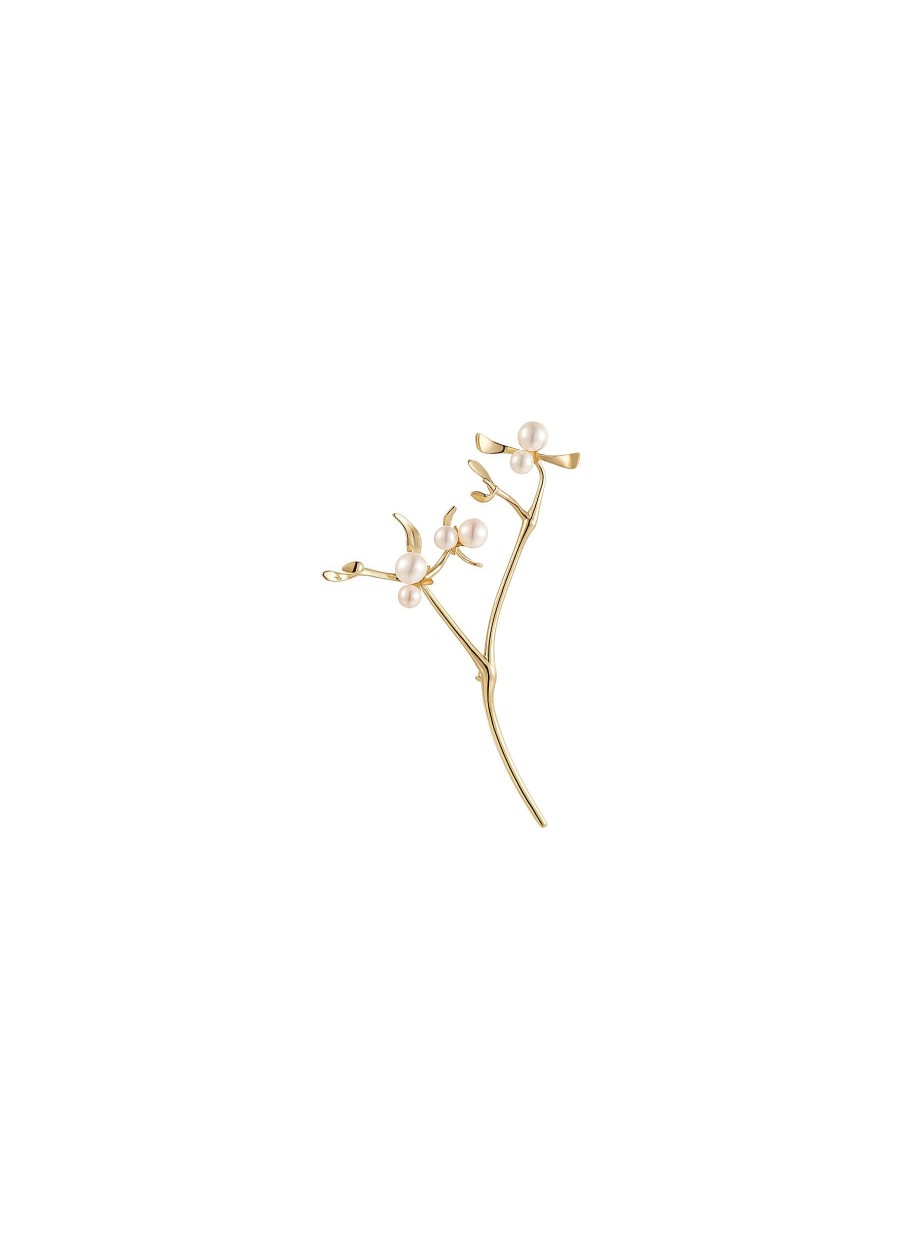 Women LC COLLECTION JEWELLERY Fine Jewellery | Neo Romantic Mistletoe Leaf Pearl 18K Yellow Gold Pin