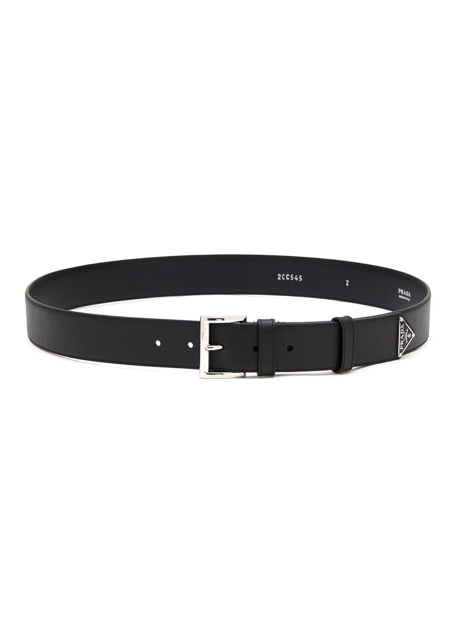 Men PRADA Belts | Triangular Metal Logo Saffiano Leather Belt