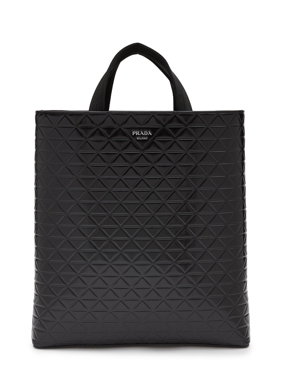 Men PRADA Tote Bags | Embossed Triangle Leather Tote Bag