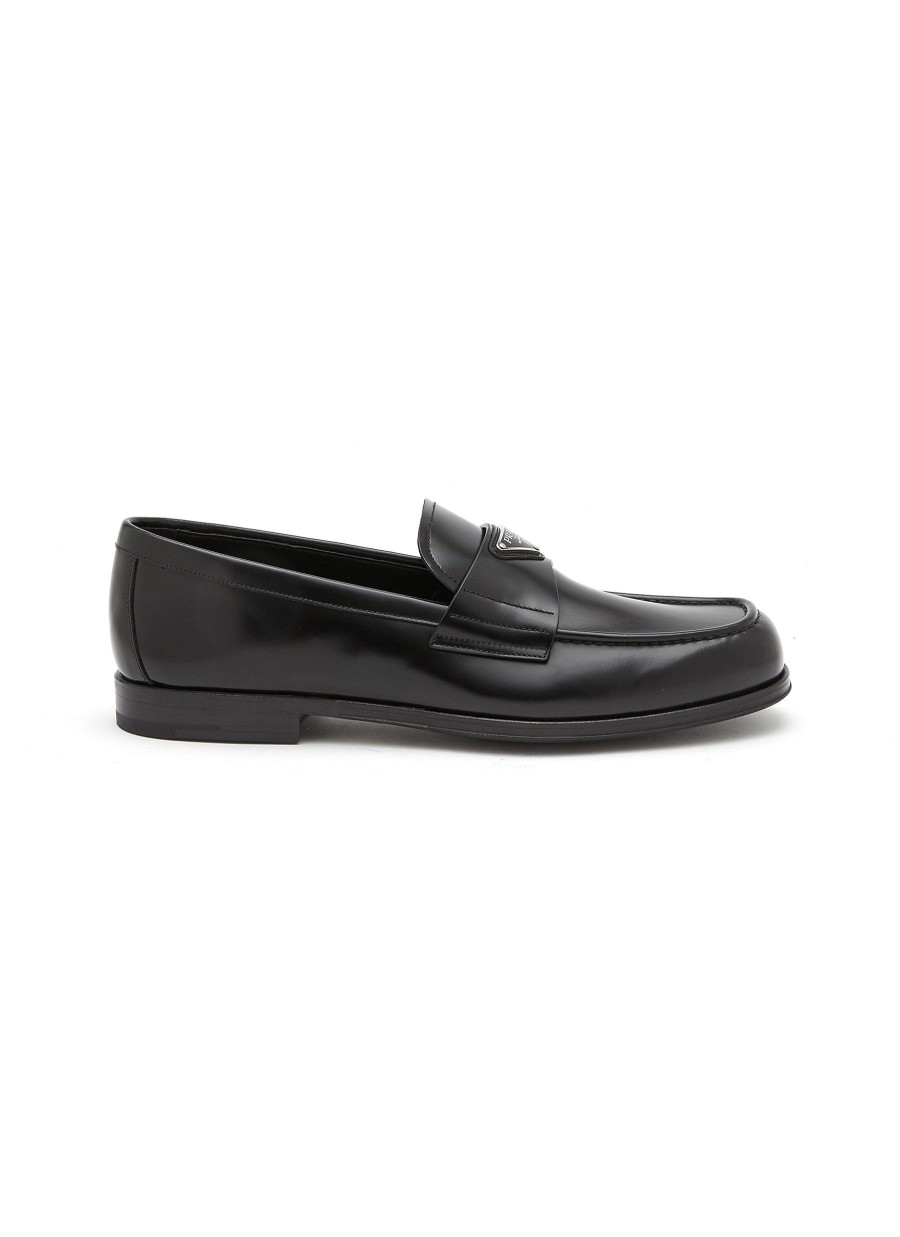 Men PRADA Flats | Logo Plaque Spazzolato Leather Platform Moccasins