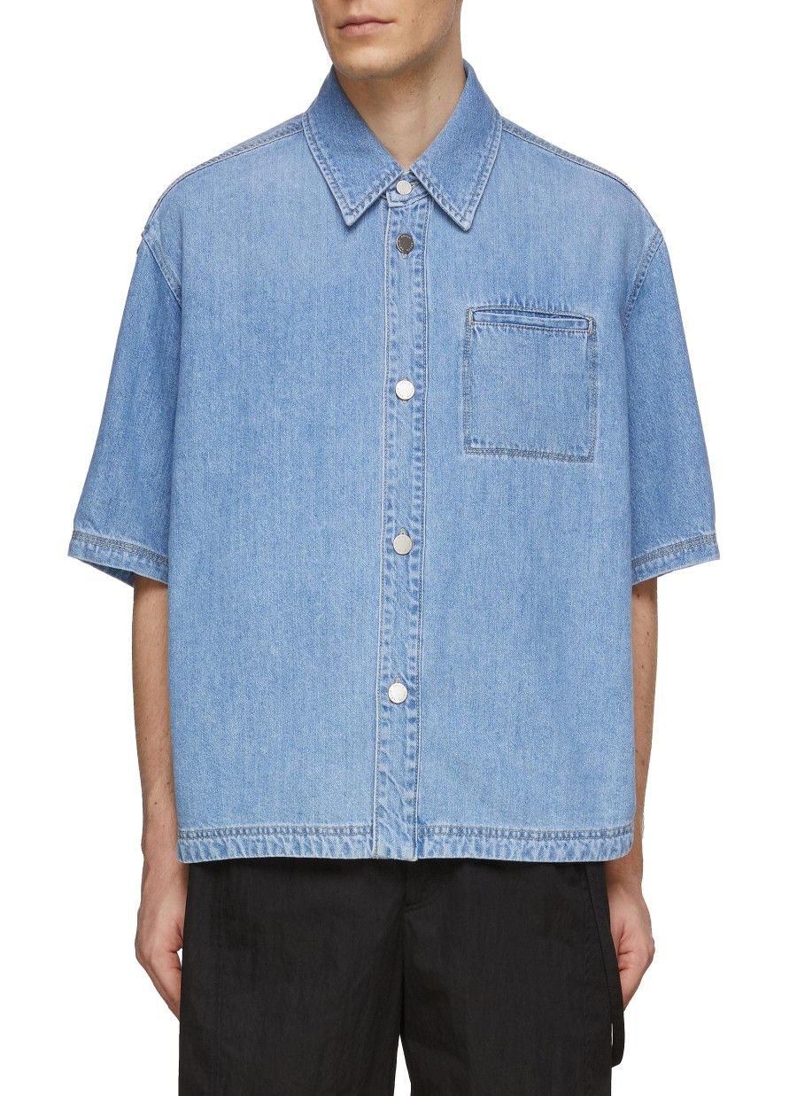 Men SOLID HOMME Shirts | Denim Cropped Short Sleeve Shirt