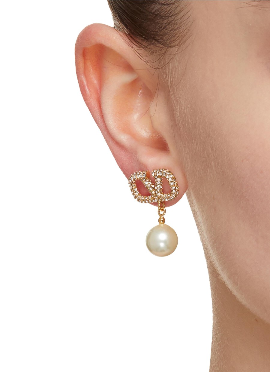 Women VALENTINO Fashion Jewellery | Vlogo Swarovski Crystal & Pearl Brass Earrings