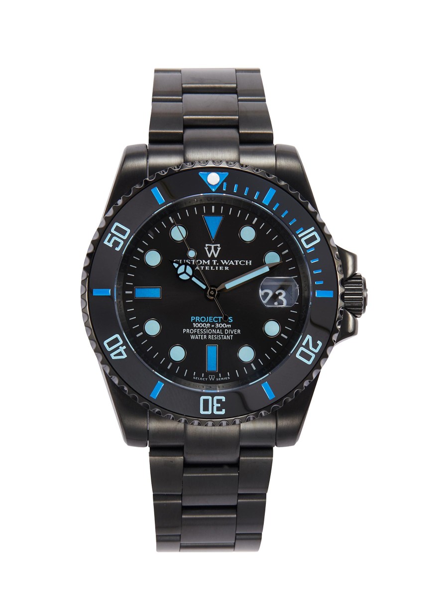 Men CUSTOM T. WATCH ATELIER Watches | Ocean Blue Edition' Matte Black Dial Stainless Steel Case Link Bracelet Watch