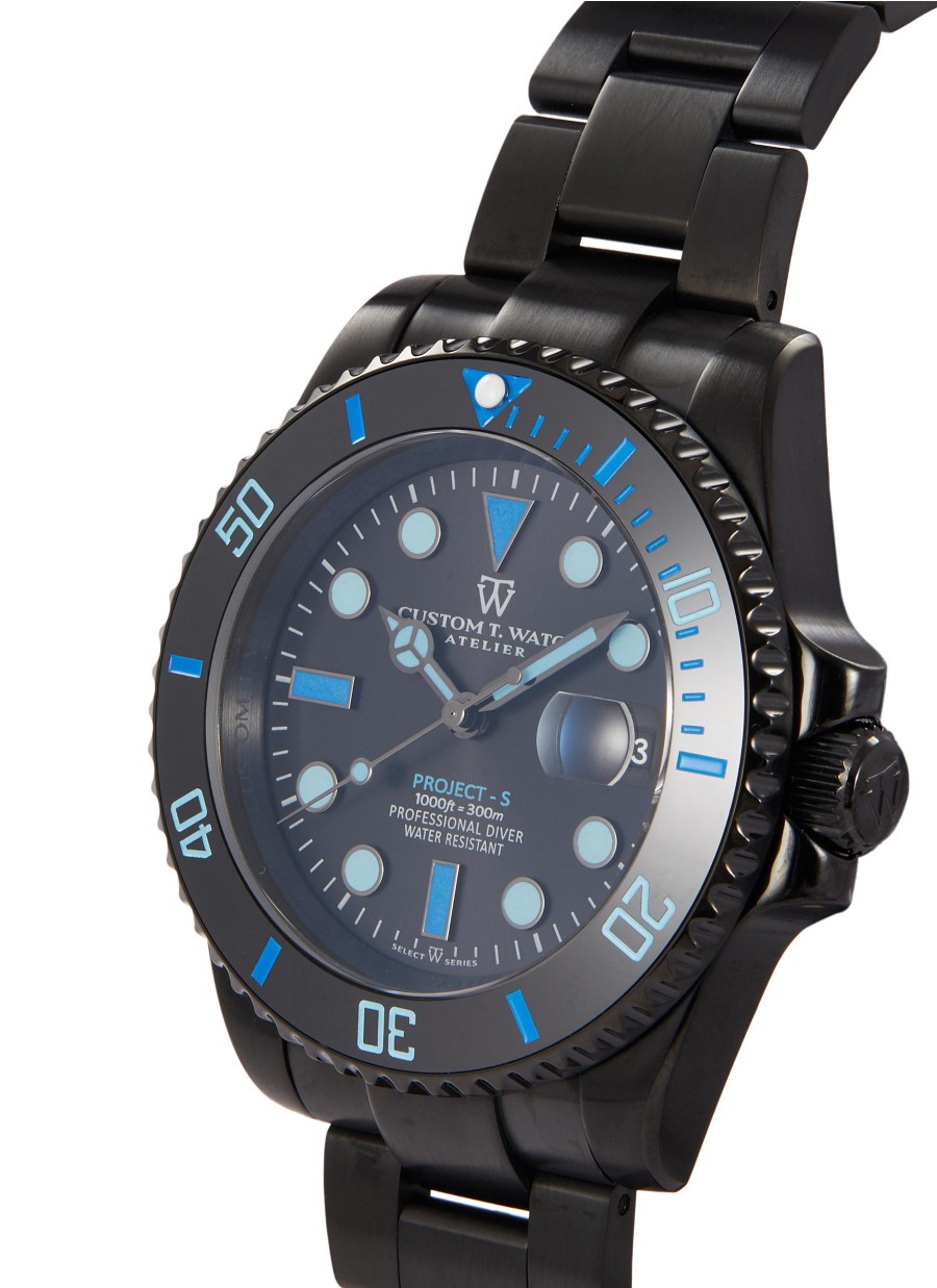 Men CUSTOM T. WATCH ATELIER Watches | Ocean Blue Edition' Matte Black Dial Stainless Steel Case Link Bracelet Watch