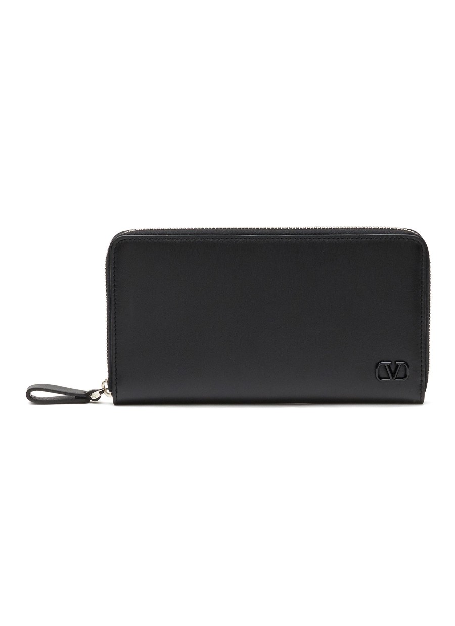 Men VALENTINO Small Leather Goods | Mini Vlogo Applique Leather Continental Wallet