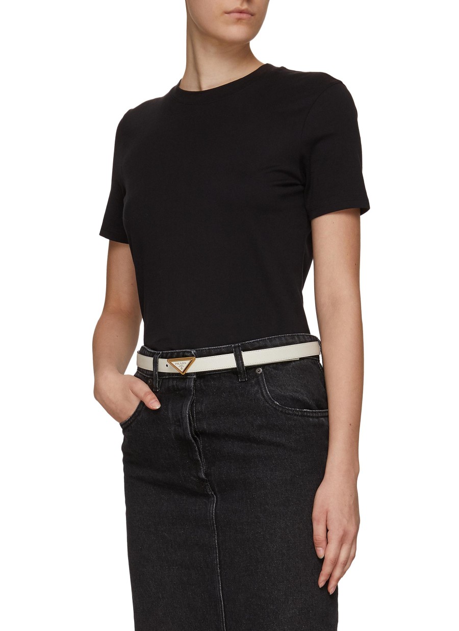 Women PRADA Belts | Triangular Metal Logo Buckle Saffiano Leather Belt