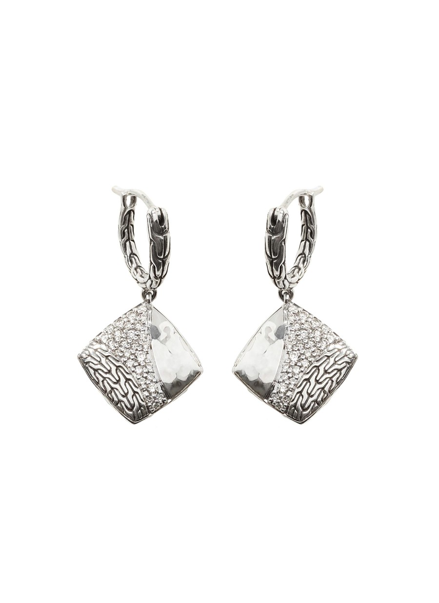 Women JOHN HARDY Fine Jewellery | Classic Chain Hammered Sterling Silver Diamond Square Drop Earrings