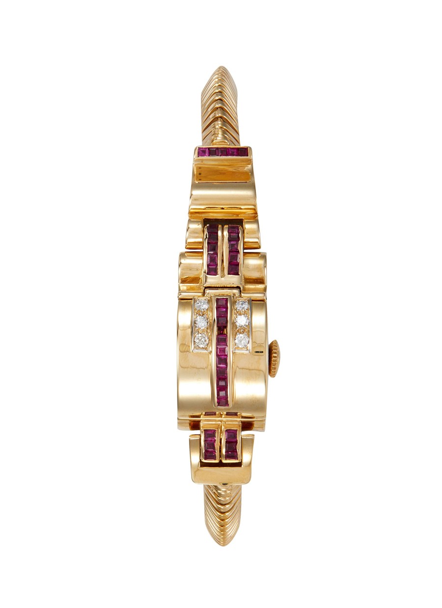 Women LANE CRAWFORD VINTAGE COLLECTION Watches | Tersa Diamond Ruby Concealed Silver Dial 9K Yellow Gold Case Lady Watch