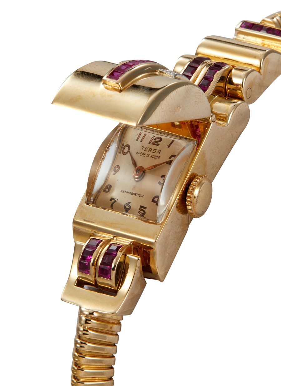 Women LANE CRAWFORD VINTAGE COLLECTION Watches | Tersa Diamond Ruby Concealed Silver Dial 9K Yellow Gold Case Lady Watch