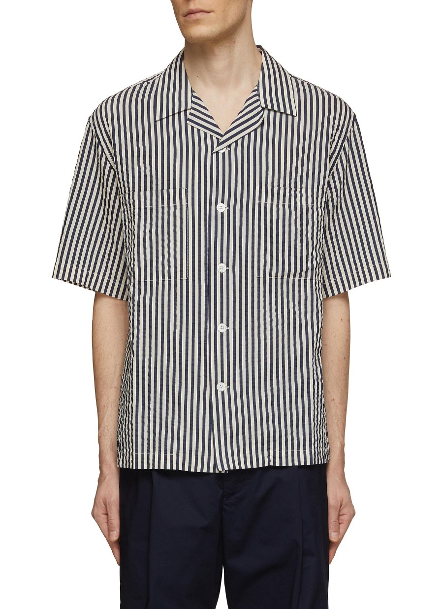 Men BARENA Shirts | Open Collar Striped Cotton Silk Shirt