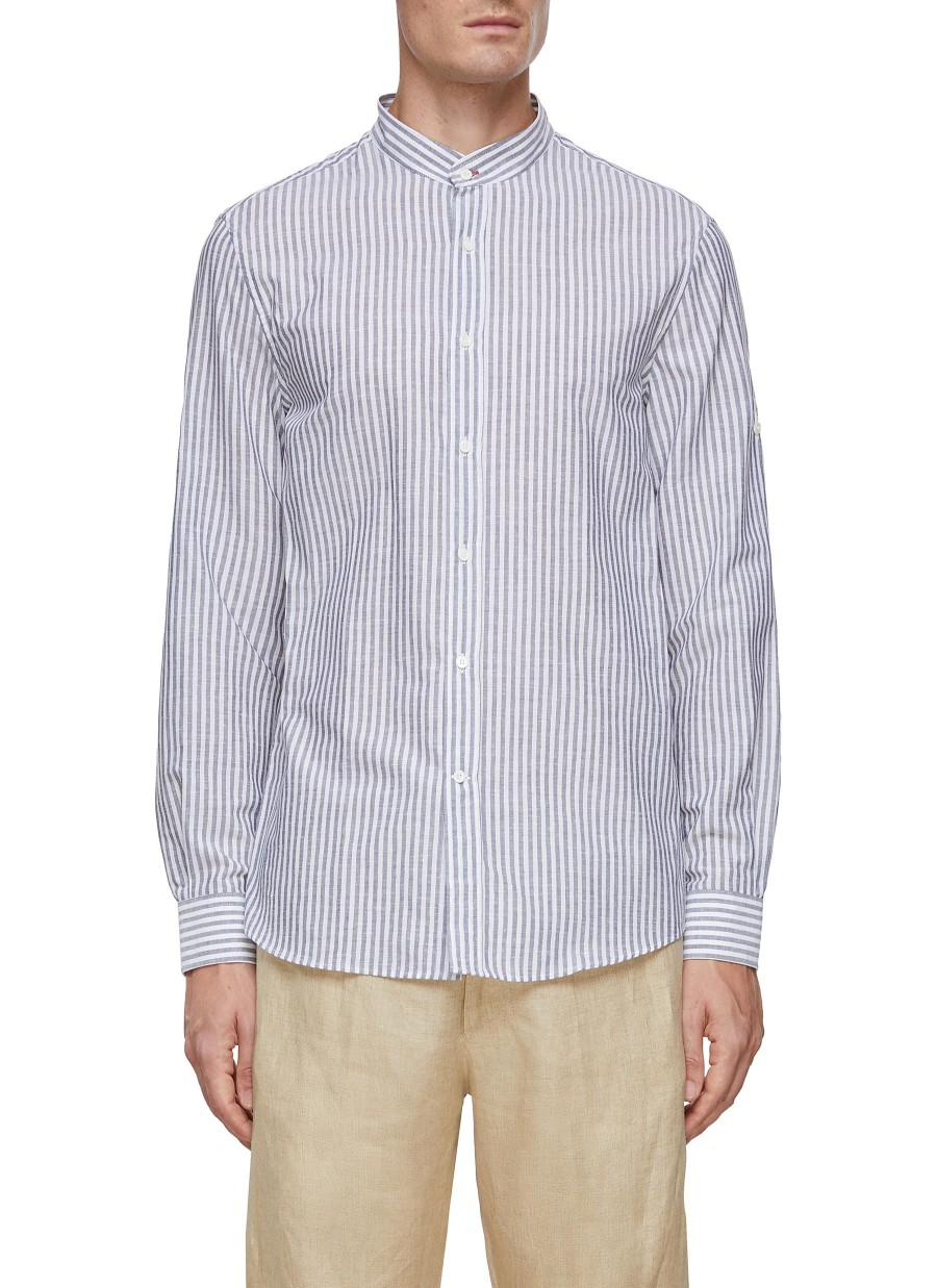 Men BRUNELLO CUCINELLI Shirts | Band Collar Cotton Linen Striped Shirt