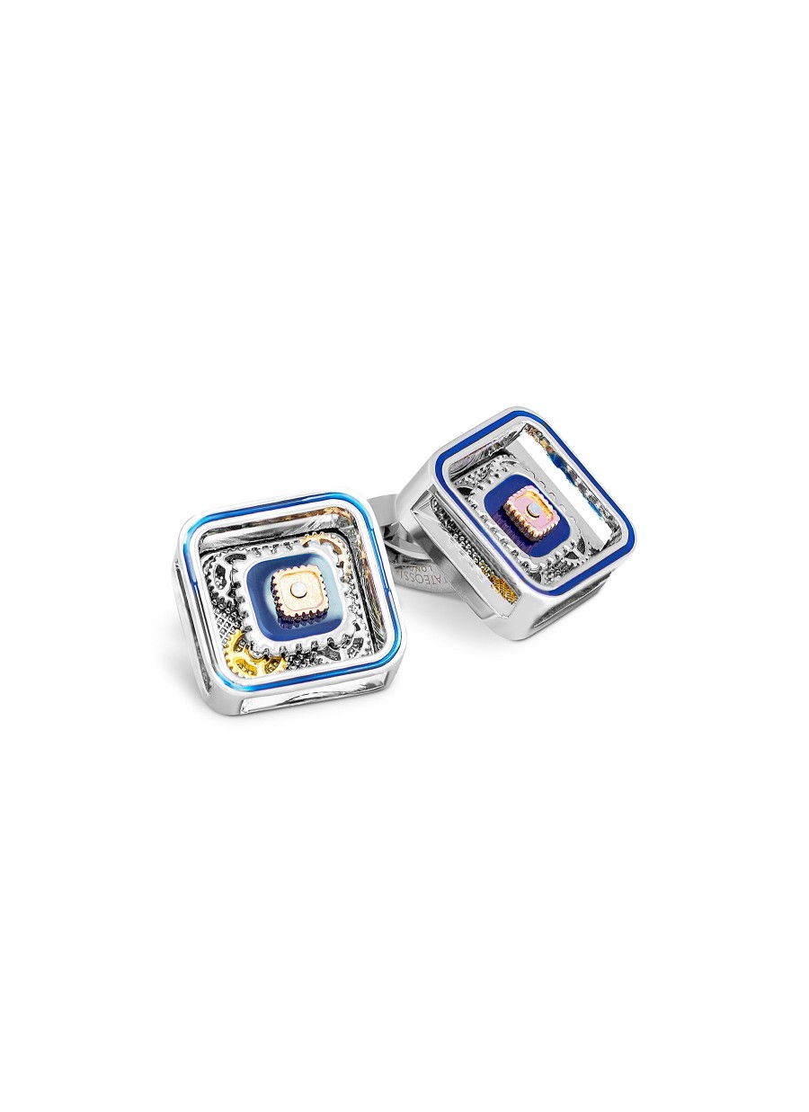 Men TATEOSSIAN Cufflinks | Palladium Plated Base Blue Handpainted Enamel Detailing Square Gear Cufflink