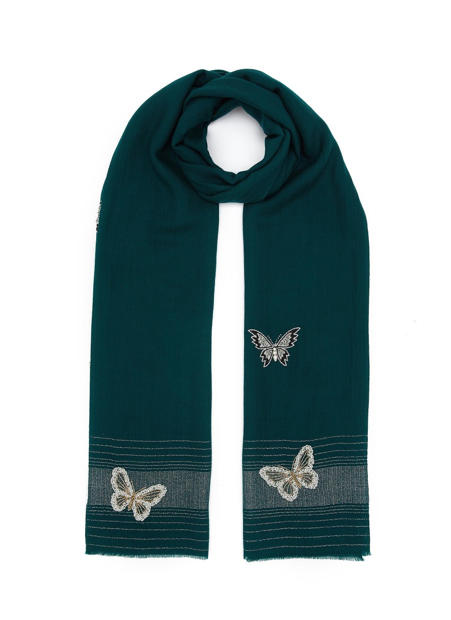 Women JANAVI Scarves & Wraps | Flying Butterfly Embroidered Merino Wool Scarf