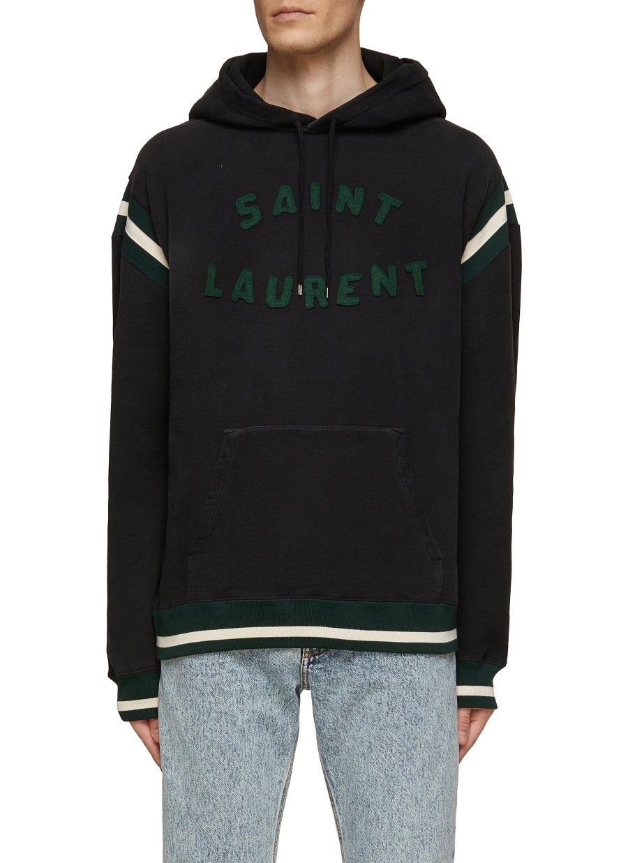 Men SAINT LAURENT Pullovers & Hoodies | Molleton Logo Embroidered Cotton Drawstring Hoodie