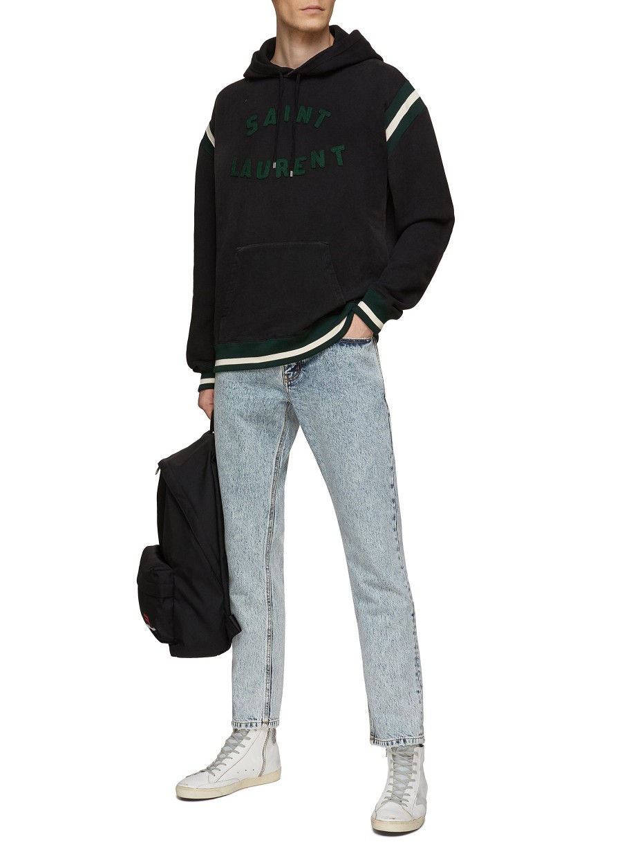 Men SAINT LAURENT Pullovers & Hoodies | Molleton Logo Embroidered Cotton Drawstring Hoodie