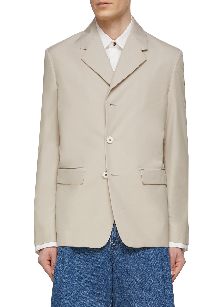 Men PRADA Suits | Textured Logo Cotton Blend Single Breasted Blazer