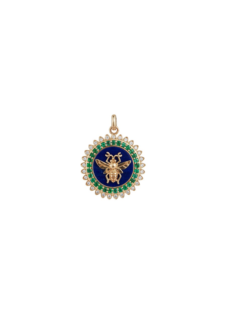 Women STORROW JEWELRY Fine Jewellery | Minnie 14K Gold Diamond Green Emerald Bee Medallion Charm