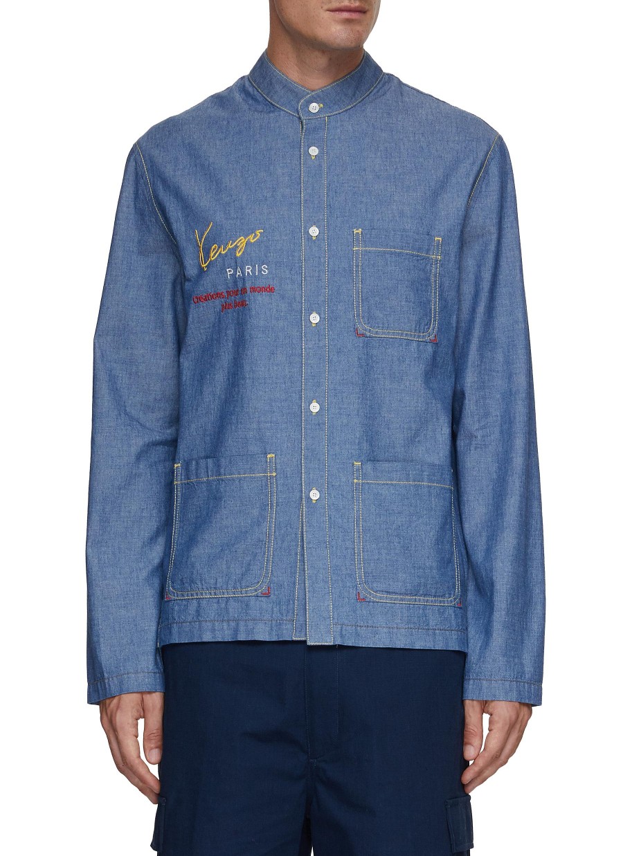 Men KENZO Shirts | Logo Embroidered Band Collar Chambray Shirt