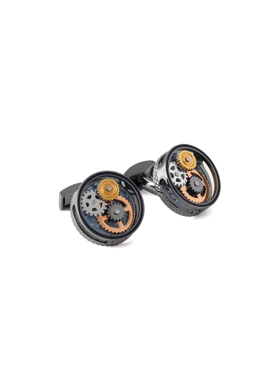 Men TATEOSSIAN Cufflinks | Rotating Gear Cutout Side Gunmetal Plated Base Cufflinks